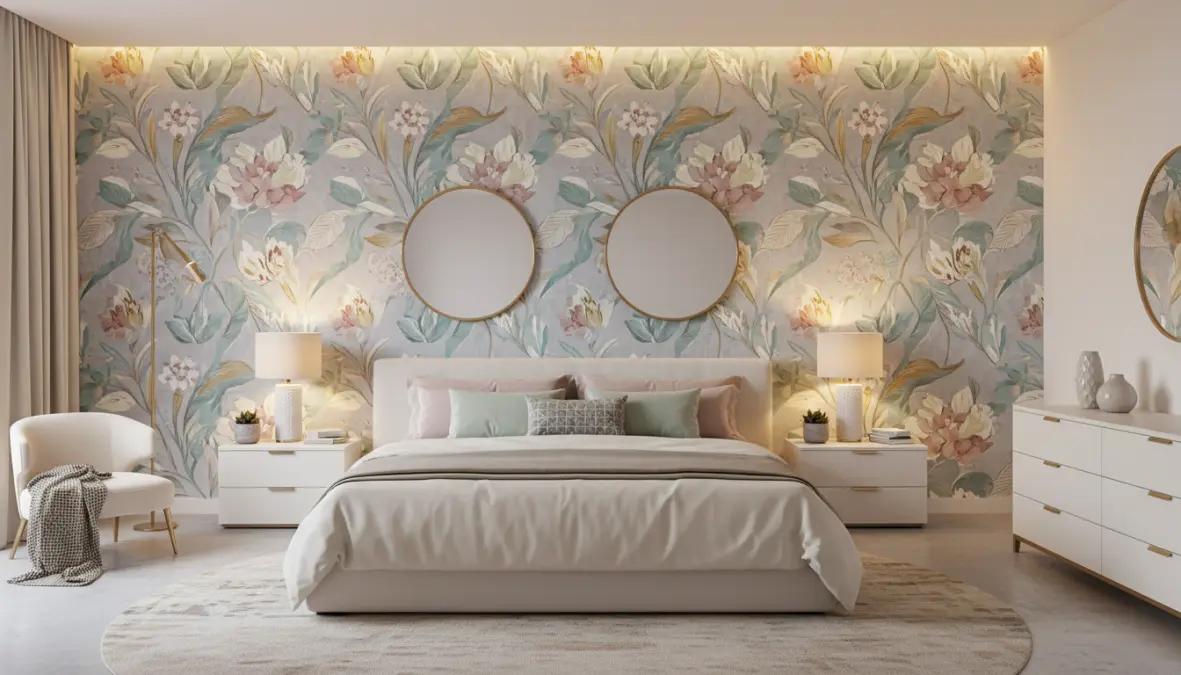 Camera da letto con carta da parati moderna botanica dietro testata letto in stile contemporaneo