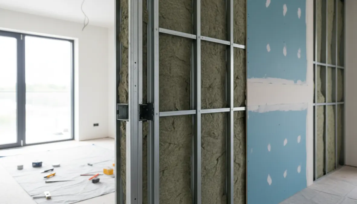 Dettaglio costruzione parete divisoria in cartongesso con isolamento acustico e profili metallici