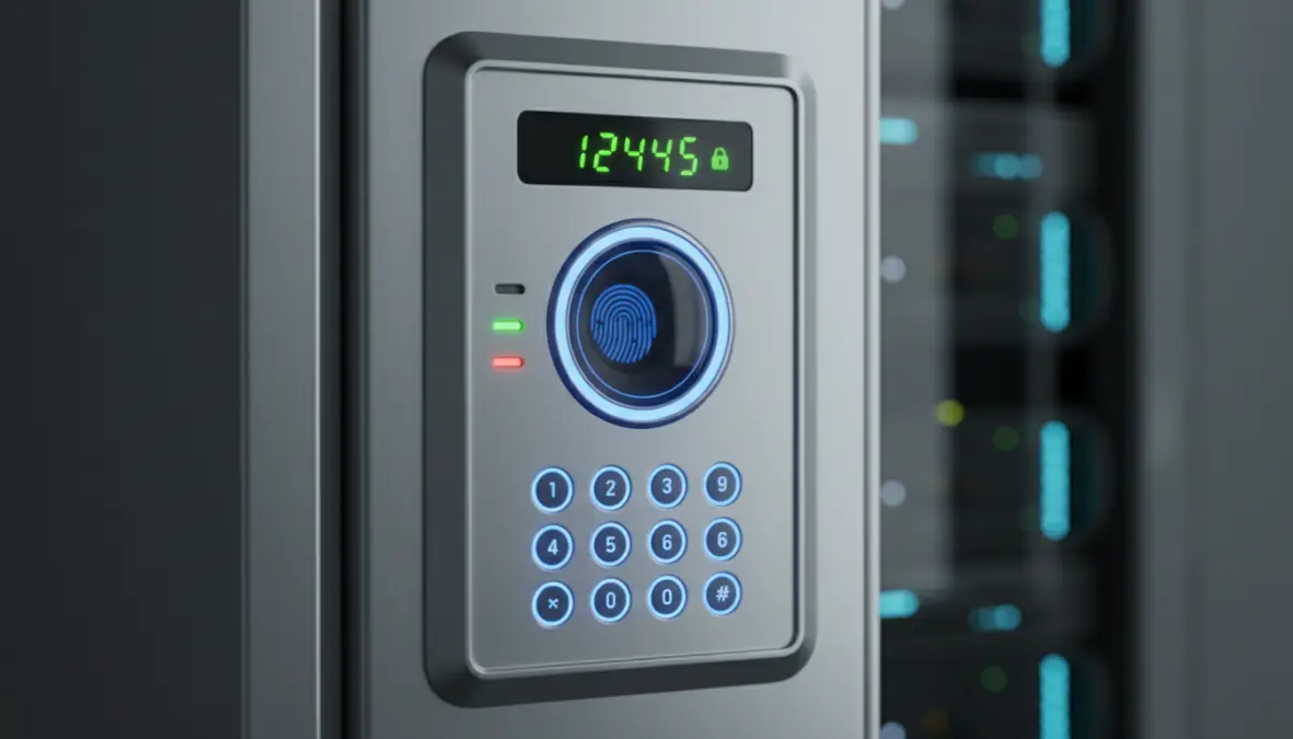 Cassaforte elettronica con tastierino digitale e sistema biometrico per apertura con impronta