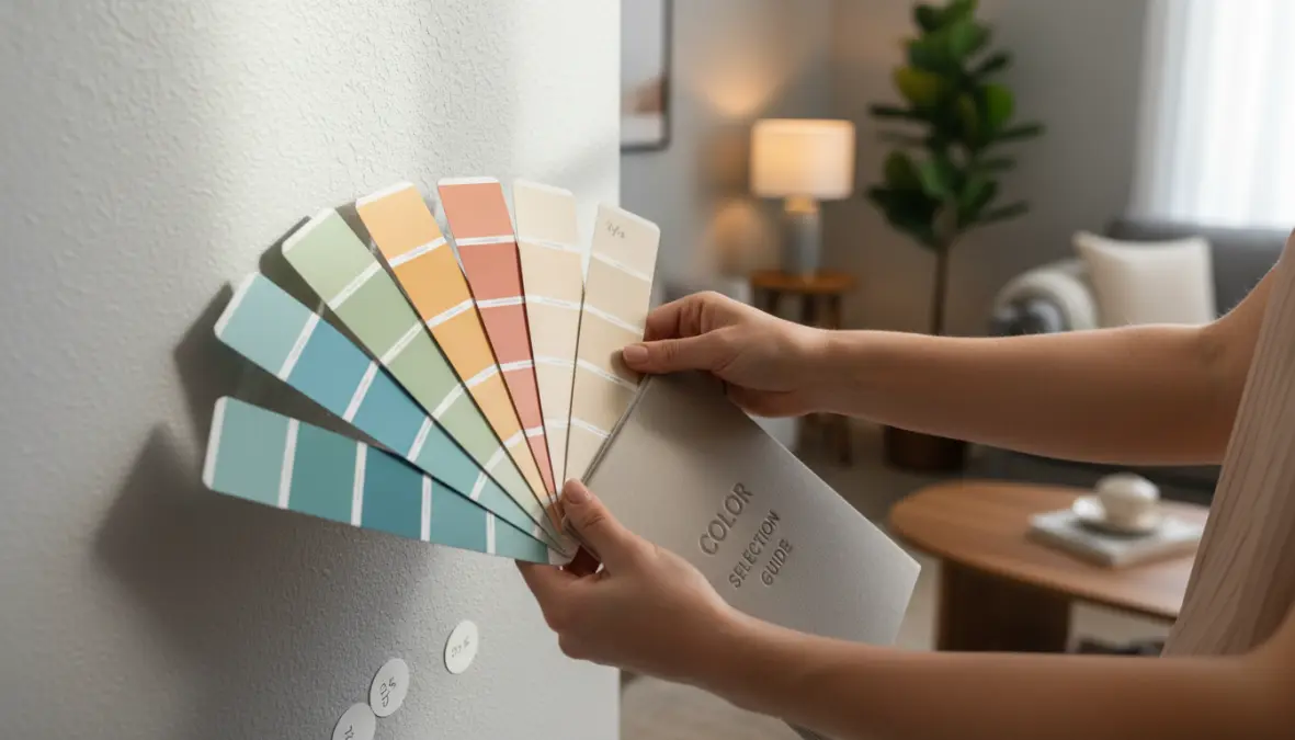 Selezione palette colori per pareti soggiorno con campioni di tinte murali in diverse tonalità