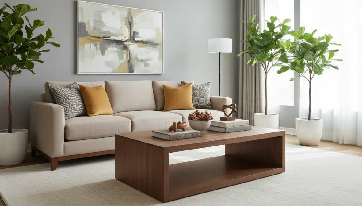 Abbinamenti colori pareti soggiorno moderno con palette grigio beige e accenti colorati