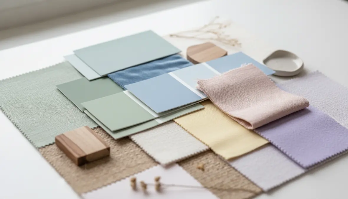 Palette colori primaverili con campioni di verde salvia, azzurro pastello e rosa cipria