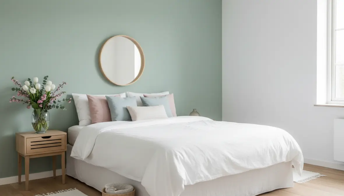 Parete colorata verde salvia in camera da letto con accessori decorativi primaverili