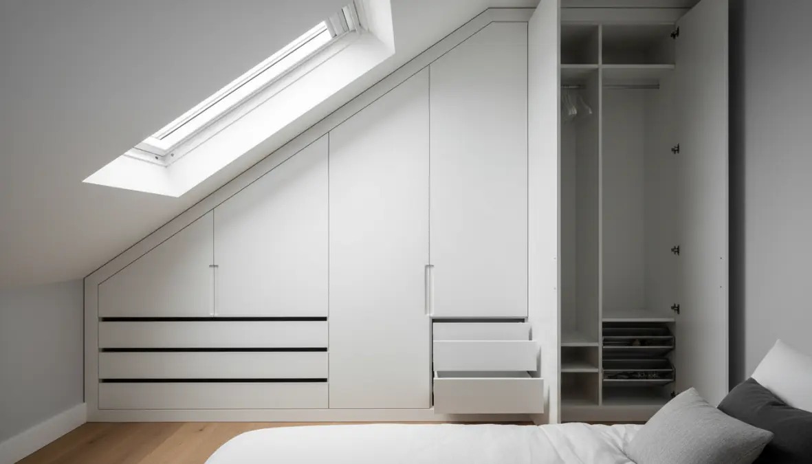 Armadio su misura per mansarda con anta inclinata che segue il soffitto