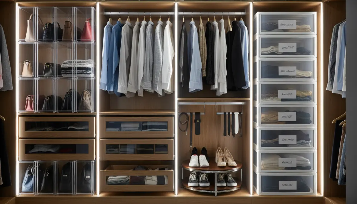 Soluzioni salvaspazio intelligenti per organizzare cabina armadio con divisori e contenitori