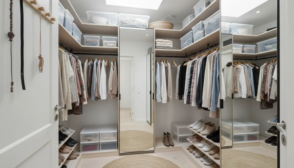 Cabina armadio piccola con trucchi salvaspazio e specchi per ottimizzare lo spazio disponibile