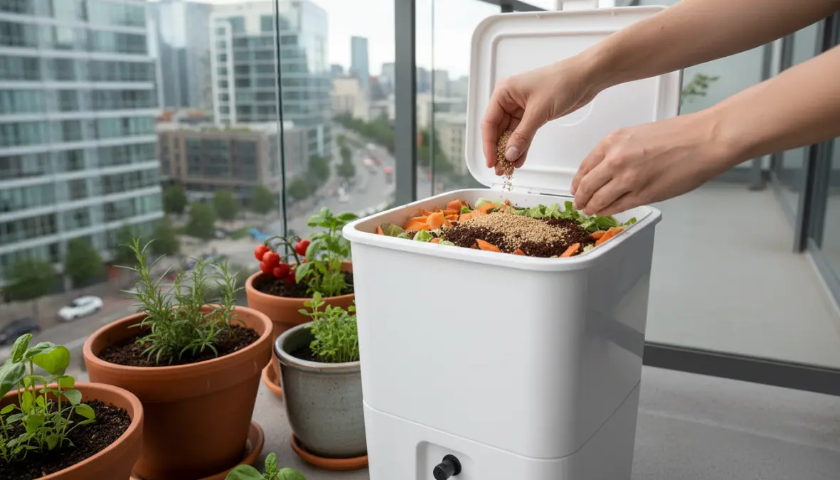 Compostiera bokashi da balcone per appartamento con scarti vegetali e microrganismi