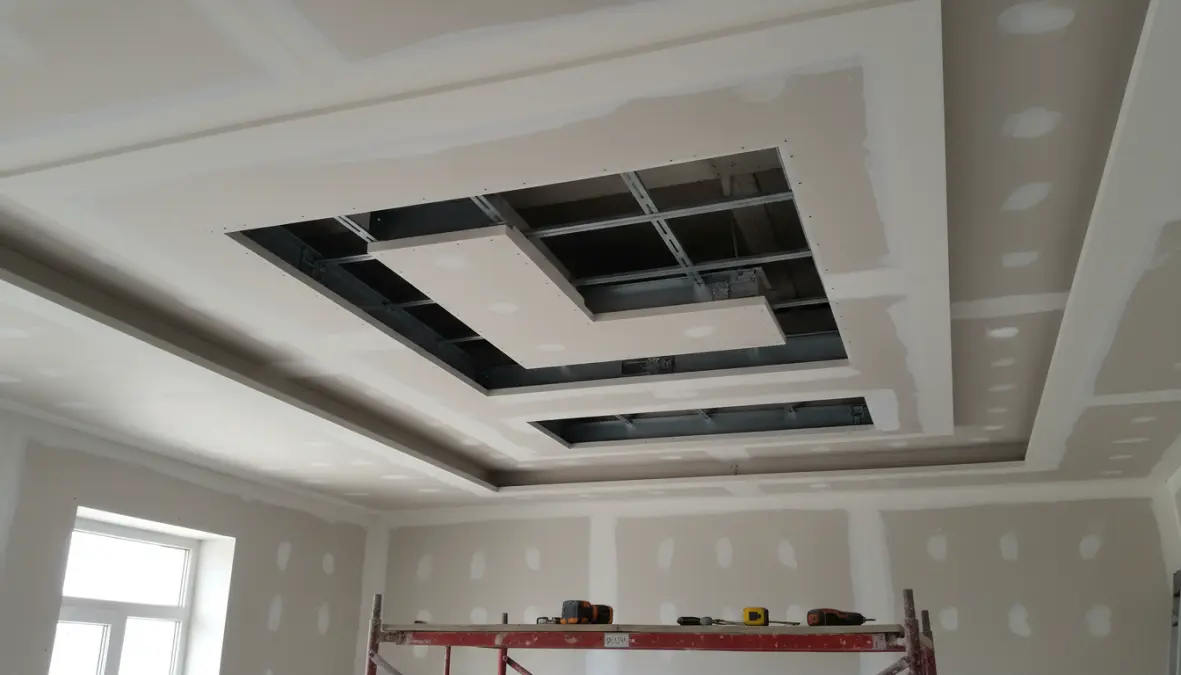 Dettaglio controsoffitto cartongesso decorativo con struttura metallica e design geometrico