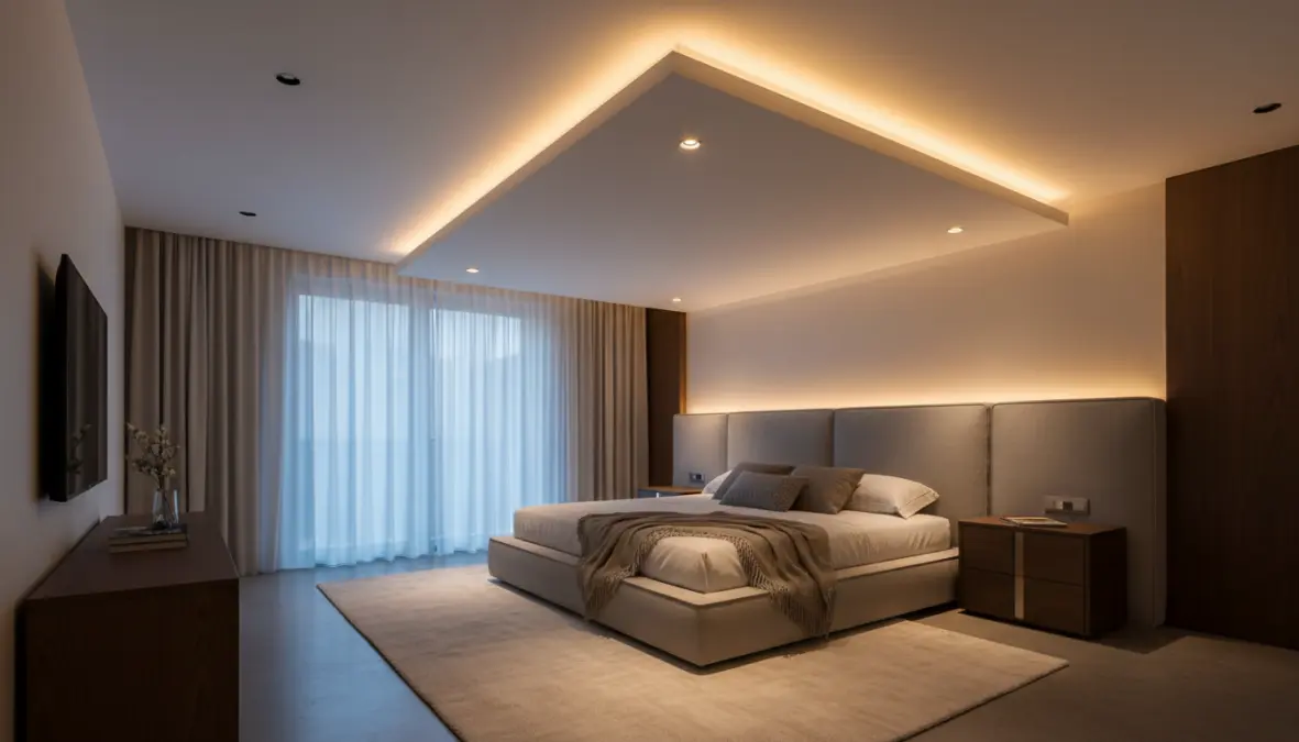 Controsoffitto luminoso con strisce LED RGB e illuminazione indiretta in camera da letto moderna