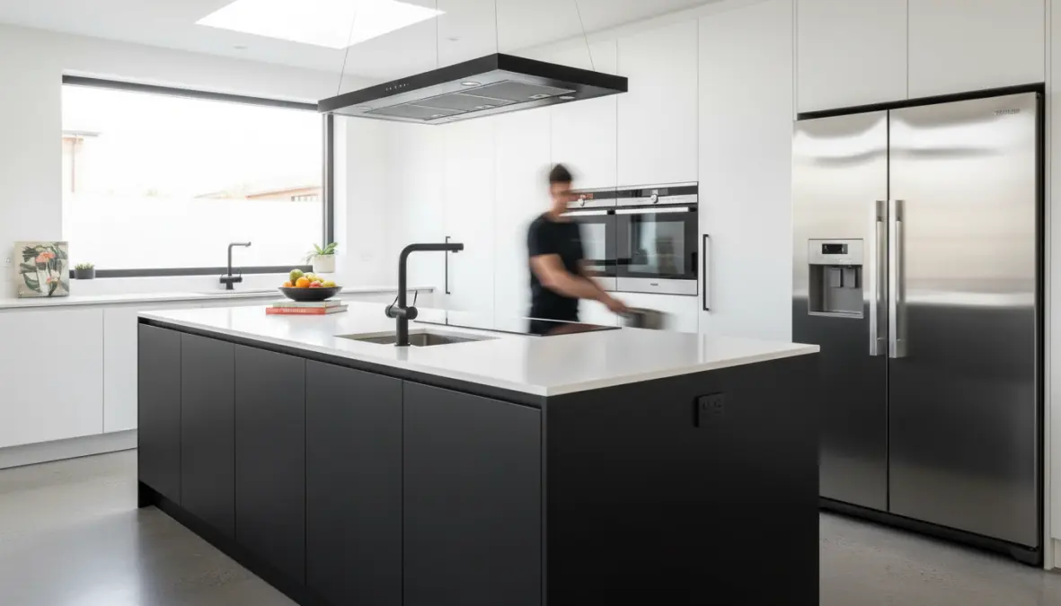 Isola cucina con piano cottura e lavello integrati e cappa a soffitto