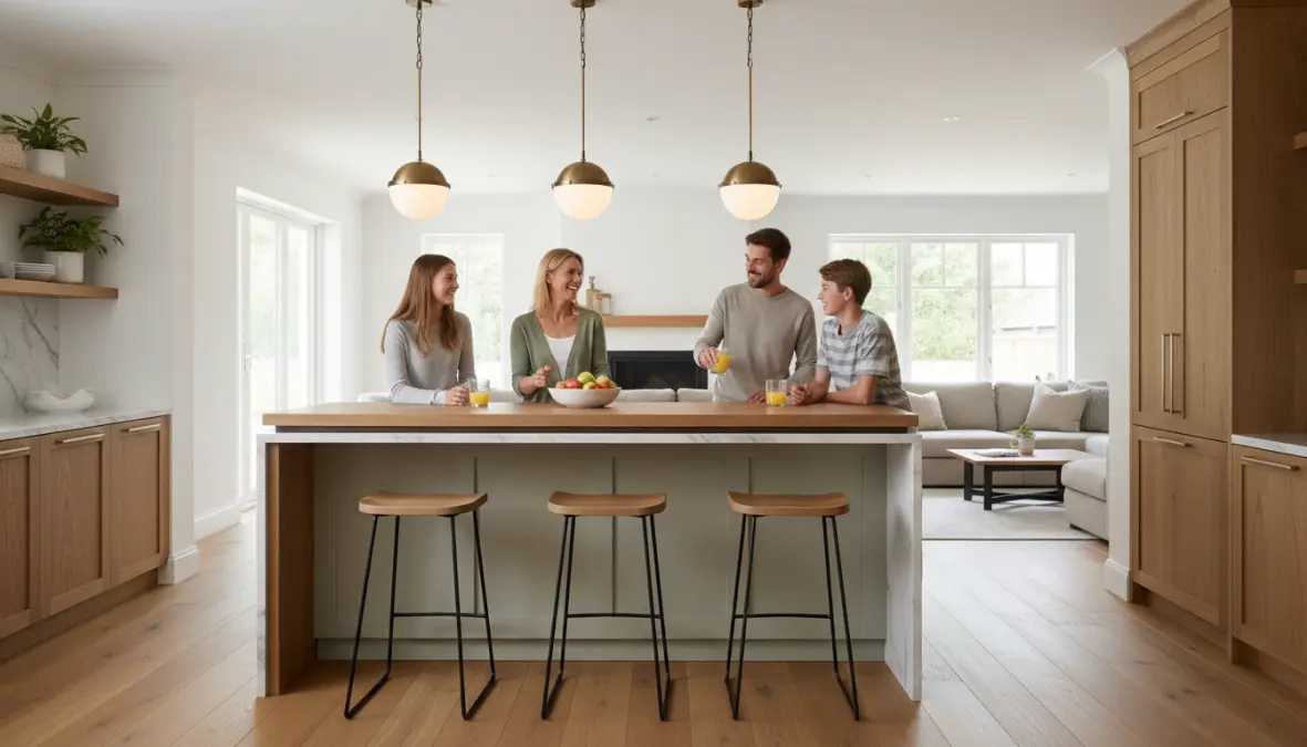 Cucina con isola e sgabelli per zona pranzo conviviale in open space