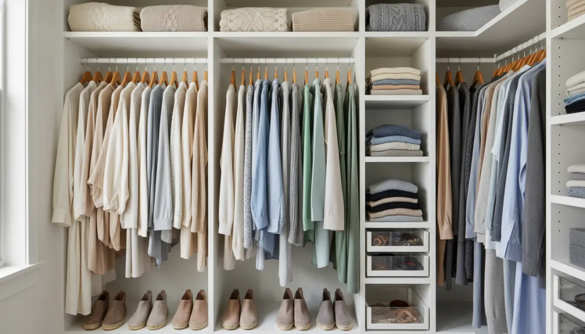 Armadio organizzato dopo decluttering con abiti ordinati per categoria e colore
