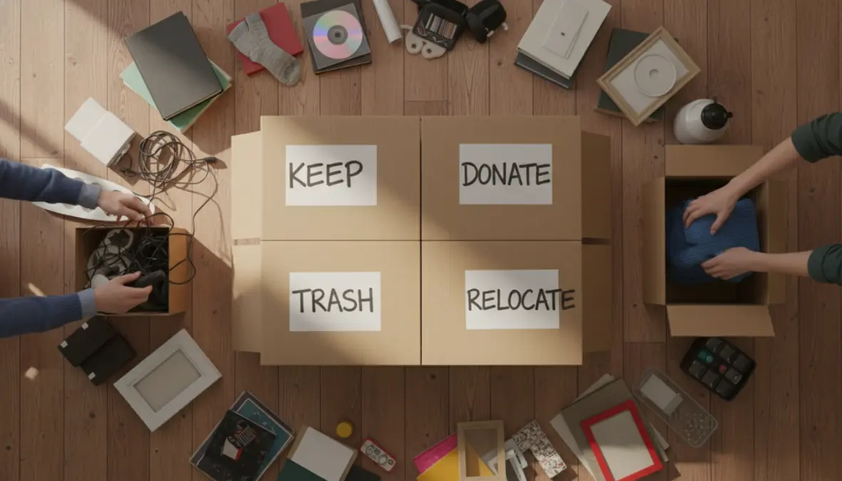 Processo di decluttering con metodo delle quattro scatole per organizzare e liberarsi degli oggetti