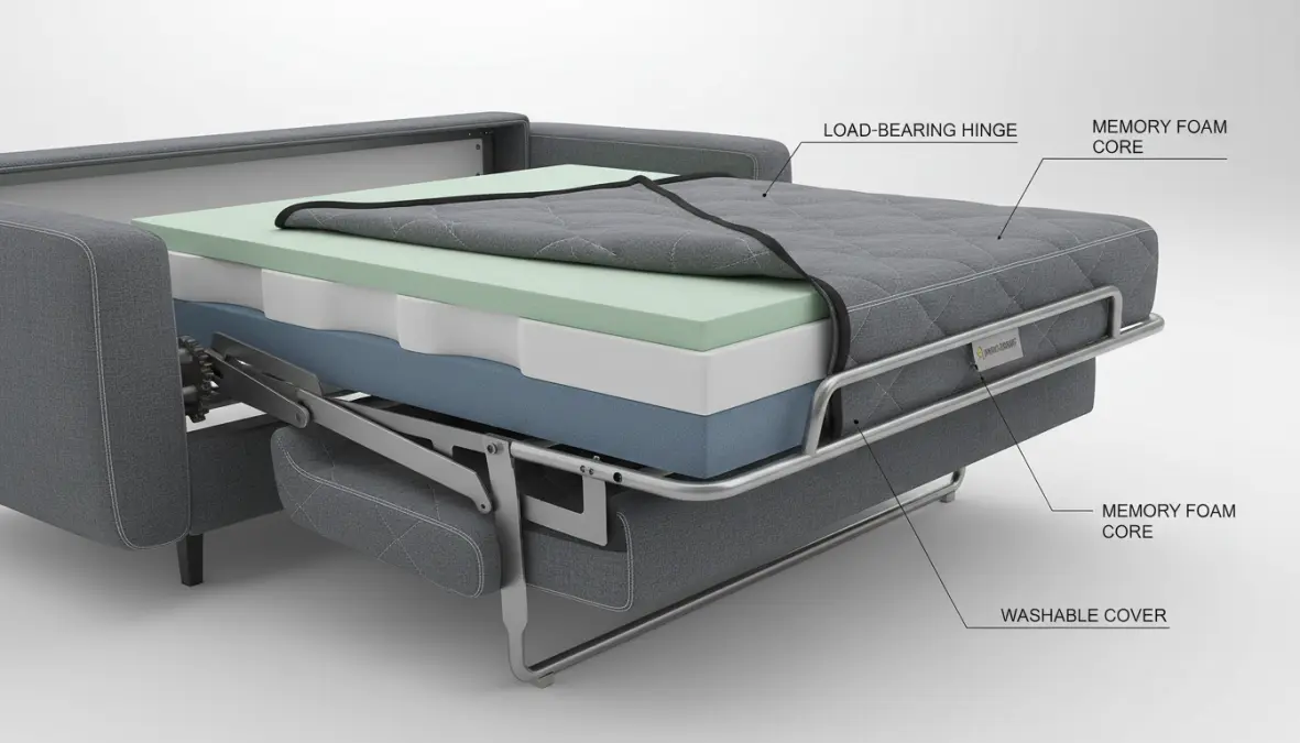 Dettaglio del meccanismo di apertura e materasso ortopedico di un divano letto di qualità