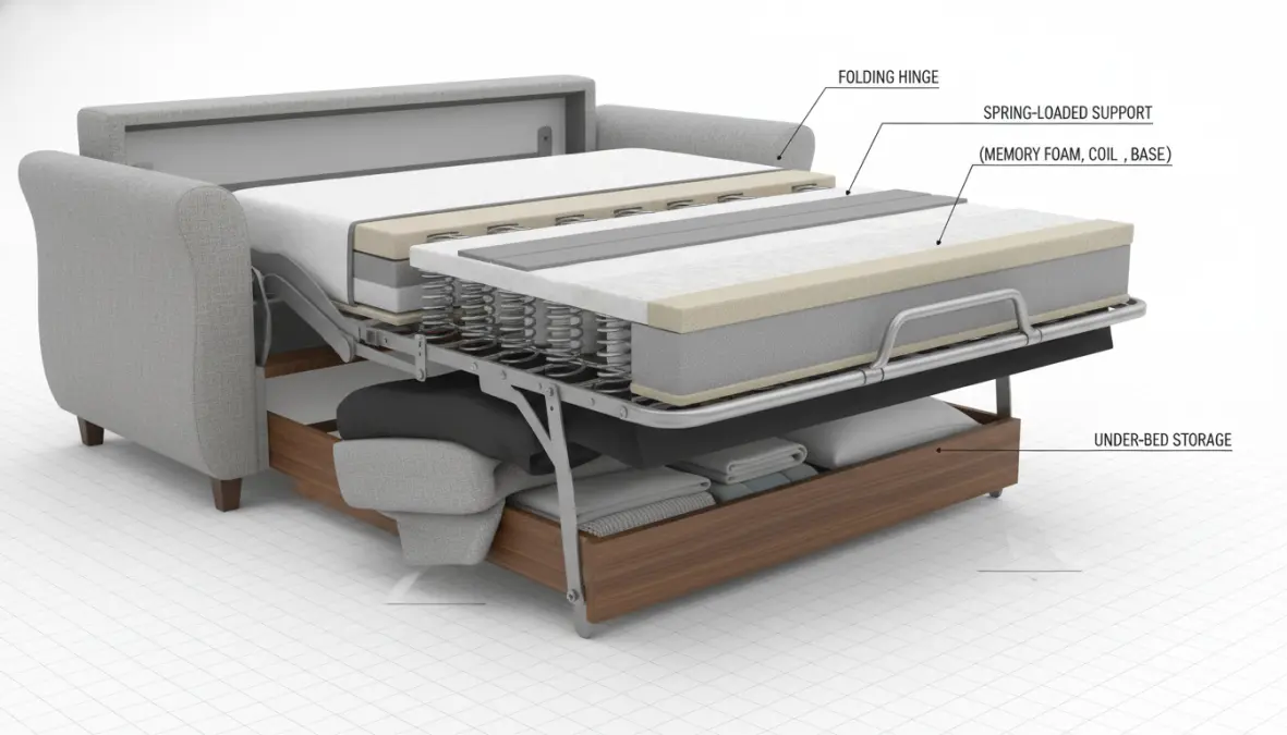 Dettaglio meccanismo di apertura divano letto con materasso estraibile e contenitore