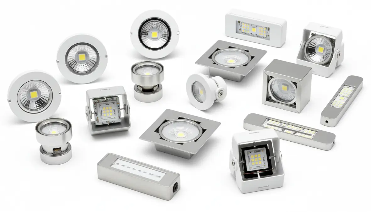 Diverse tipologie di faretti a incasso LED: tondi, quadrati, orientabili e slim