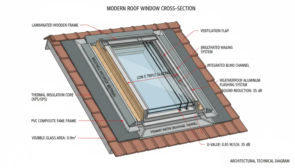 Sezione tecnica finestra mansardata con isolamento termico e vetrocamera