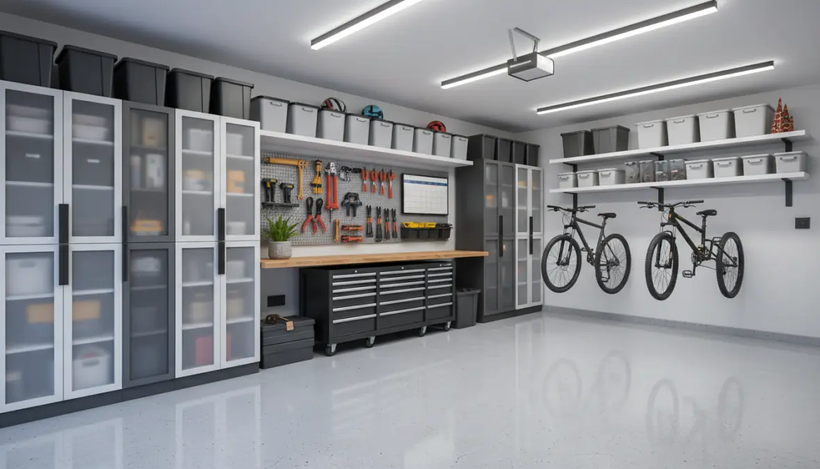 Garage domestico ottimizzato con soluzioni di stoccaggio verticale e organizzazione spazi