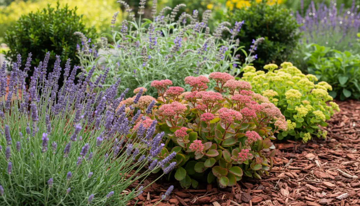 Piante perenni a bassa manutenzione per giardino facile: lavanda, sedum e salvia ornamentale