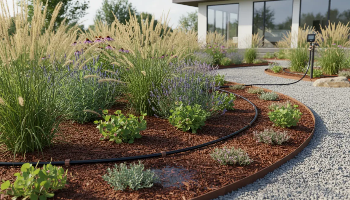 Impianto di irrigazione automatica a goccia per giardino a bassa manutenzione e risparmio idrico