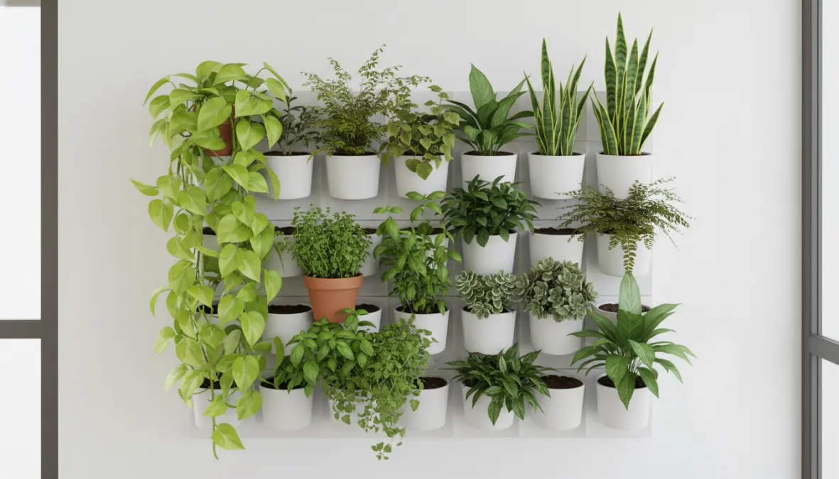 Selezione di piante ideali per giardino verticale interno tra cui aromatiche, felci e piante purificatrici