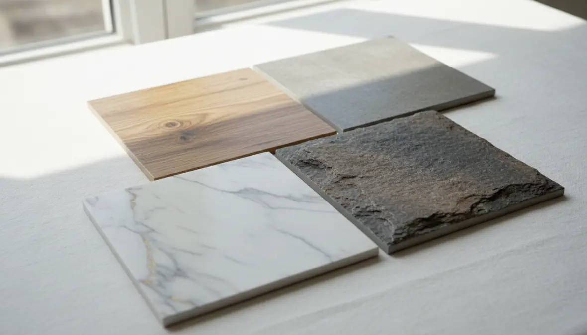 Campioni di piastrelle gres porcellanato con diversi effetti estetici: legno, marmo, pietra e cemento