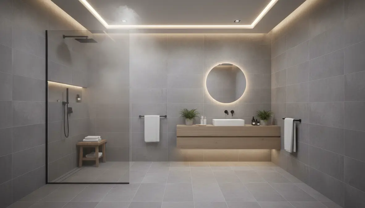 Bagno moderno con rivestimento completo in gres porcellanato grigio effetto cemento