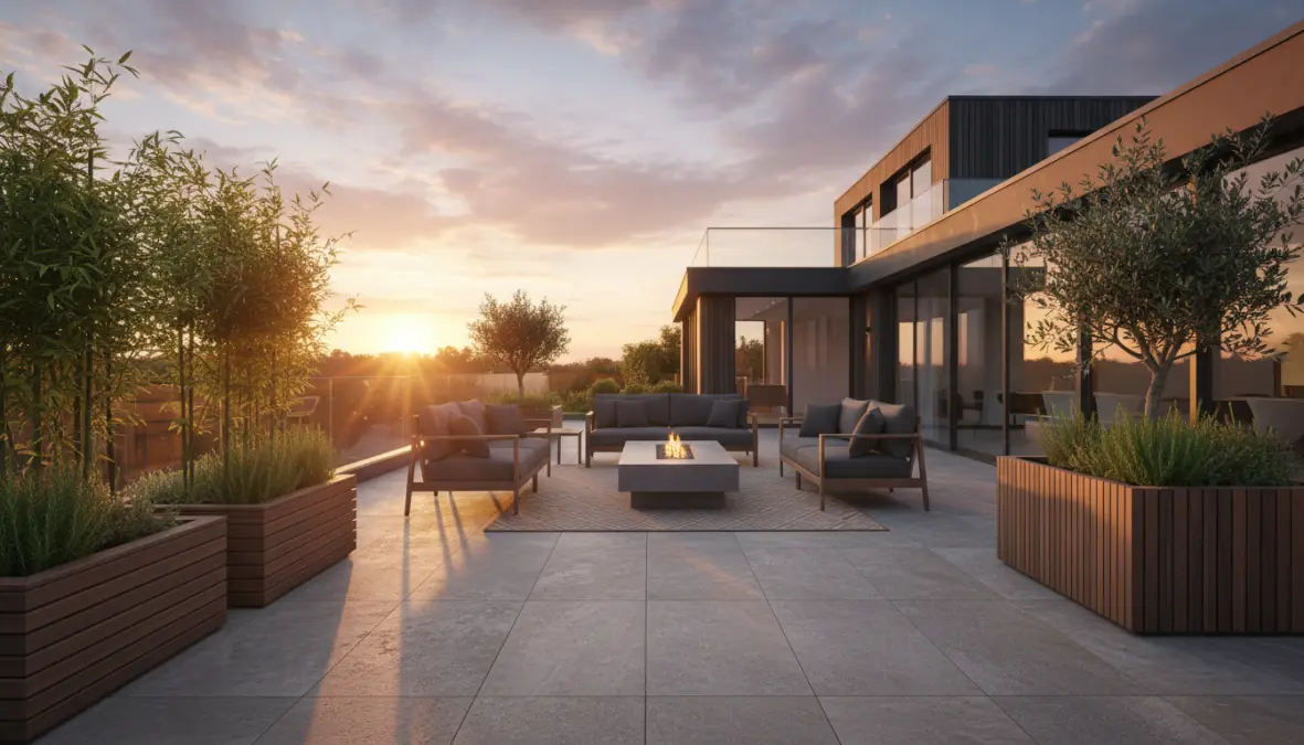 Terrazza esterna con pavimentazione in gres porcellanato antiscivolo resistente al gelo