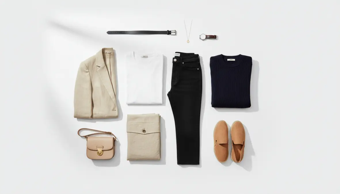 Capi basici essenziali per guardaroba capsula disposti ordinatamente con palette colori neutri