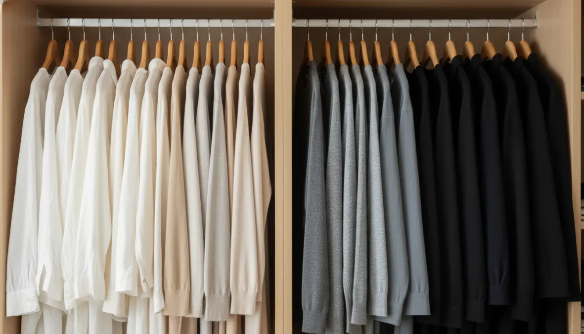Armadio minimalista organizzato per colore con abbigliamento essenziale in tonalità neutre