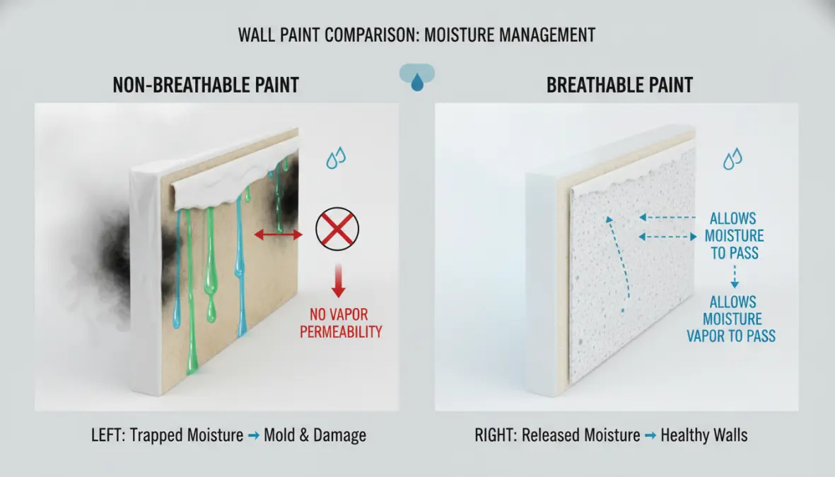 Confronto tra parete con pittura traspirante sana e parete con muffa da condensa