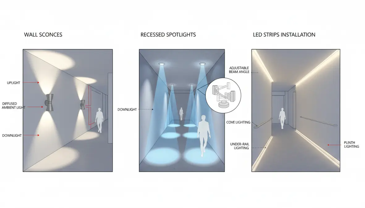 Tipologie di luci per corridoio: faretti, applique e strip LED a confronto