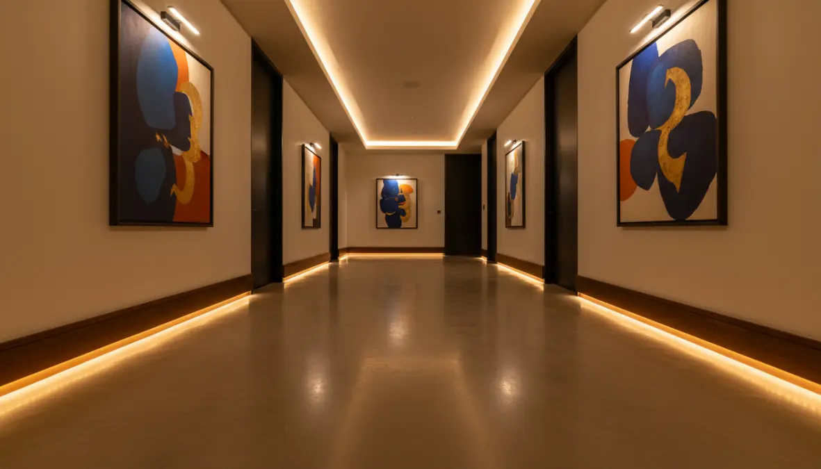 Idee creative per illuminazione corridoio moderno con strip LED e illuminazione indiretta