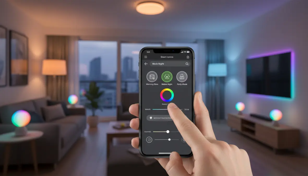 Controllo luci smart da app su smartphone con scenari luminosi personalizzati e automazioni domestiche