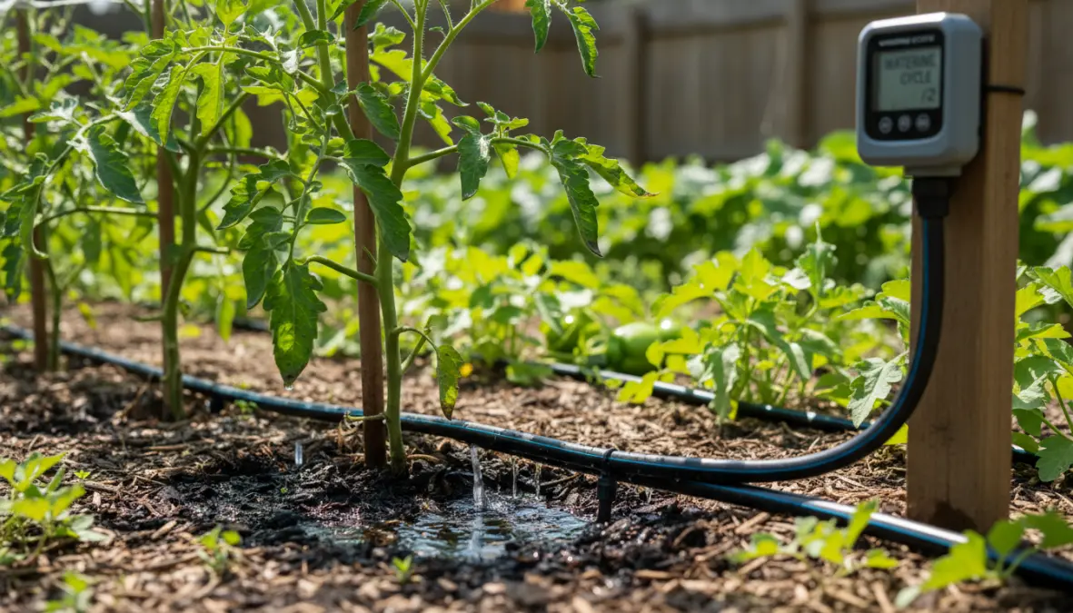 Sistema irrigazione a goccia installato in orto con gocciolatori e programmatore timer