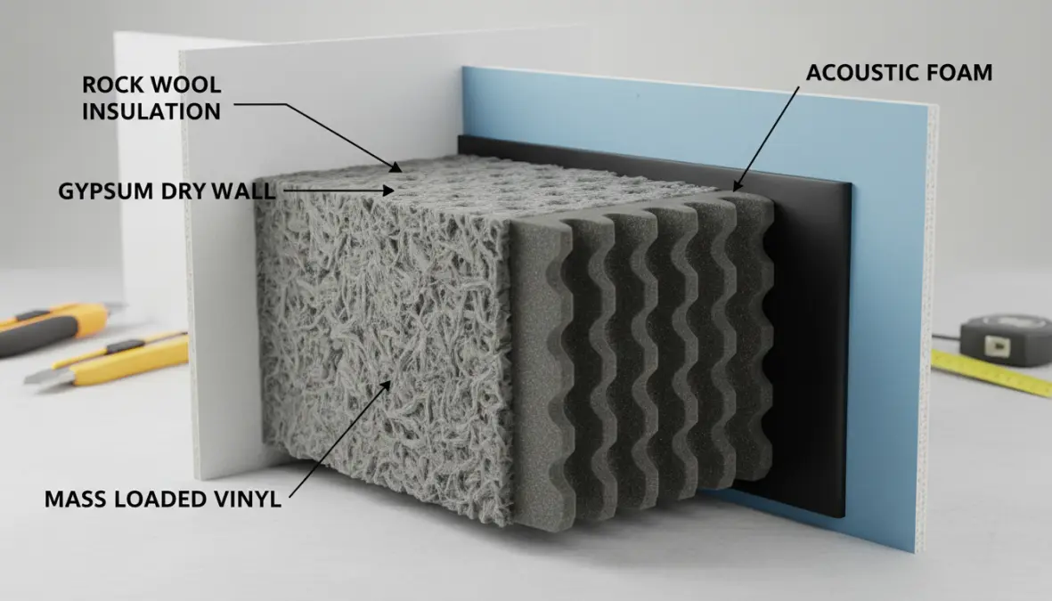 Materiali isolanti acustici a strati: lana di roccia, cartongesso e pannelli fonoassorbenti per insonorizzazione