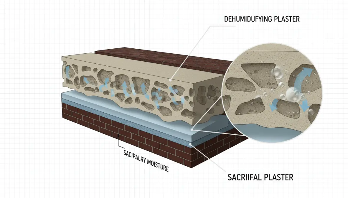 Struttura macroporosa dell'intonaco deumidificante con dettaglio dei canali di evaporazione