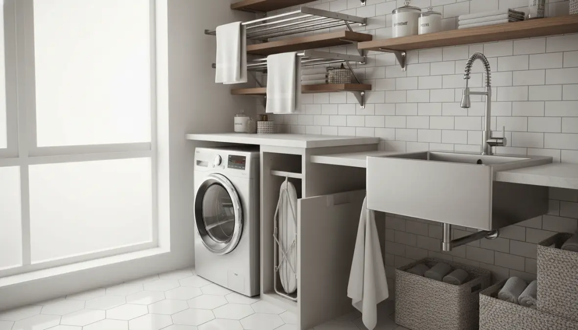 Spazio lavanderia compatto in bagno con soluzioni salvaspazio e mobile lavanderia