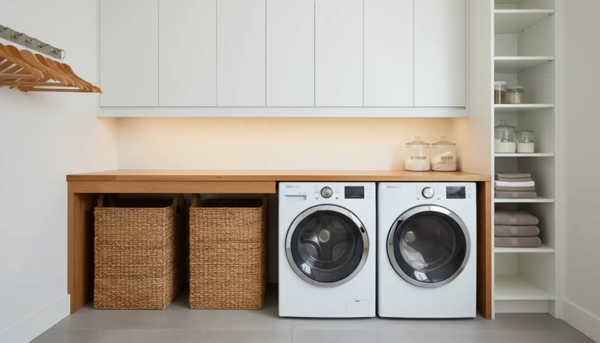 Configurazione lavatrice e asciugatrice affiancate con piano lavoro e organizzazione lavanderia