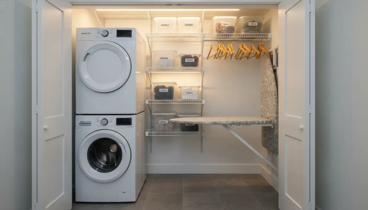 Soluzione salvaspazio per lavanderia piccola con lavatrice e asciugatrice a colonna e asse da stiro a scomparsa