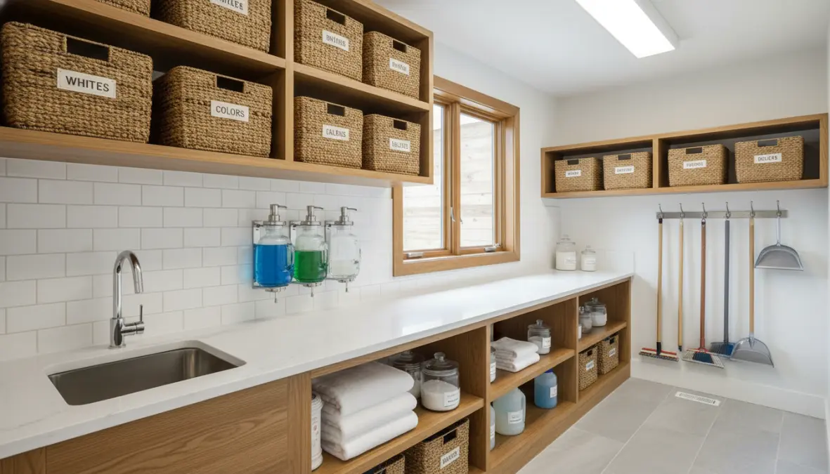 Sistema di organizzazione lavanderia con cestini divisi per colori, detersivi etichettati e piano di lavoro funzionale