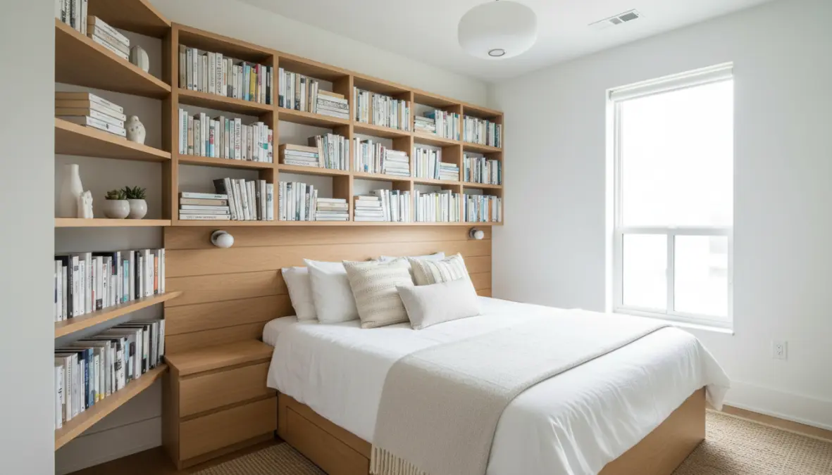 Libreria a parete salvaspazio per camera da letto con soluzioni verticali e angolari