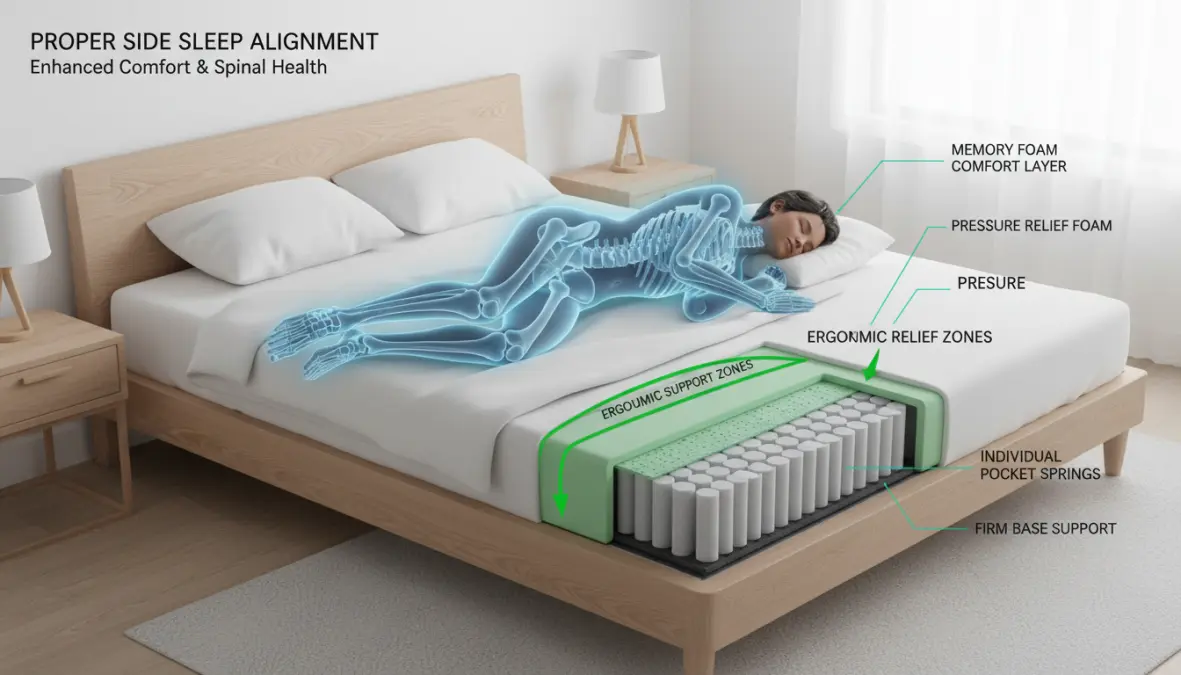 Posizione corretta per dormire su materasso con allineamento della colonna vertebrale e sostegno lombare