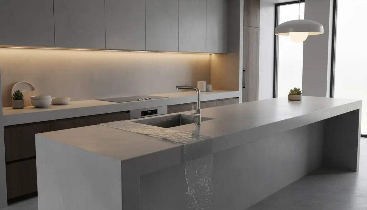 Cucina moderna con top e paraschizzi in microcemento continuo resistente