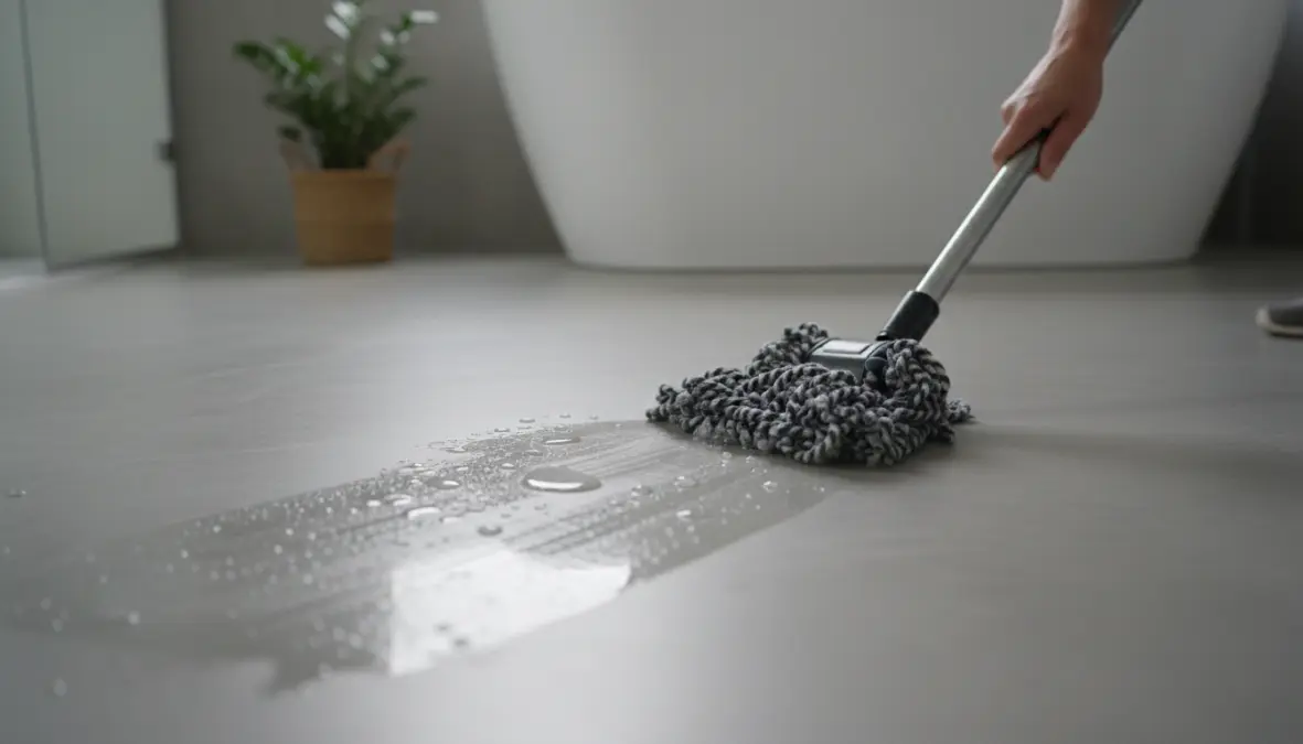 Pulizia e manutenzione pavimento microcemento bagno con panno microfibra