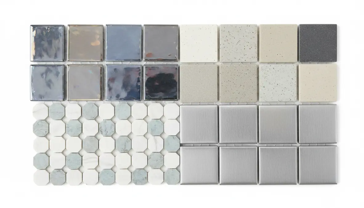 Confronto tra diverse tipologie di tessere mosaico bagno: vetro, ceramica, pietra naturale e metallo