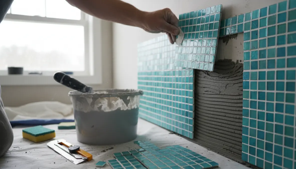 Posa mosaico bagno su rete con adesivo specifico e spatola dentata