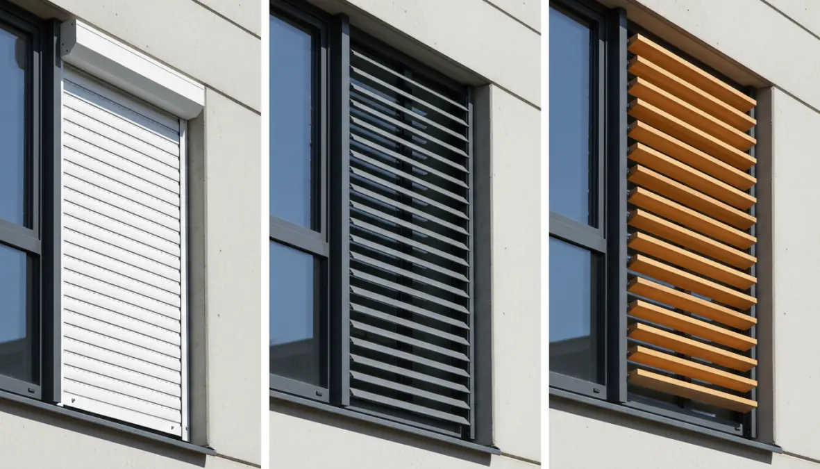 Confronto ravvicinato tra tapparelle esterne, persiane oscuranti e frangisole esterni su finestre moderne