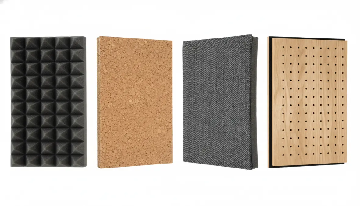 Confronto materiali fonoassorbenti per pannelli acustici casa: poliuretano, sughero, tessuto e legno