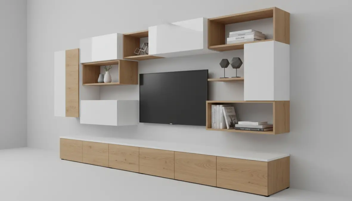 Parete attrezzata componibile con sistema modulare e mensole a giorno